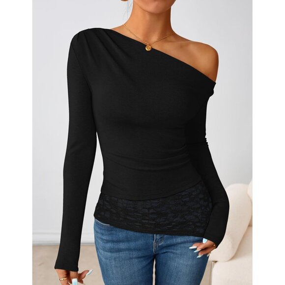 Women Black Long Sleeve Off Shoulder Tops Casual Boat Neck Lace Shirts Blouses - Picture 3 of 5